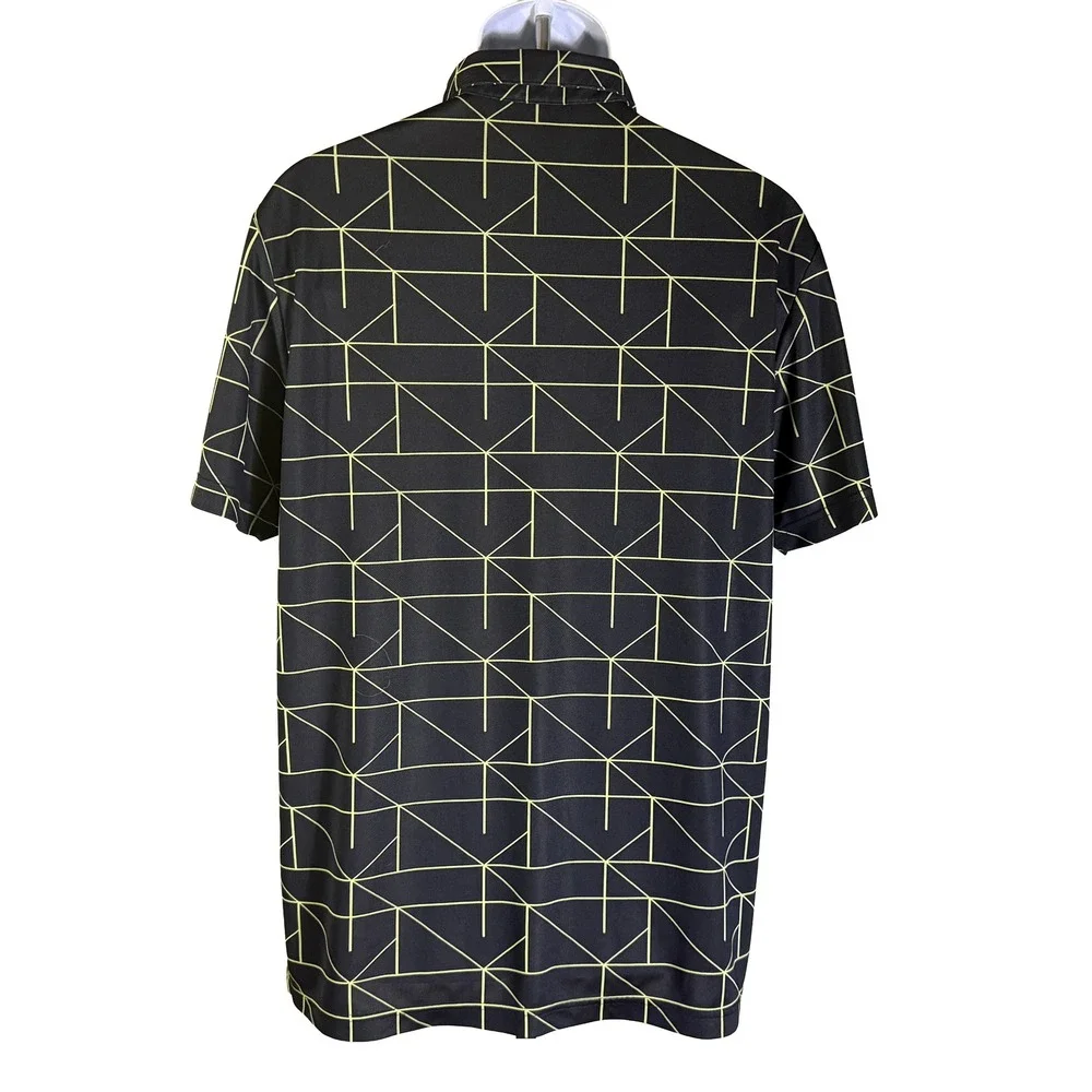 Adidas Polo Shirt Mens Large‎ Black Lime Green Geometric Grid Golf Athletic Top